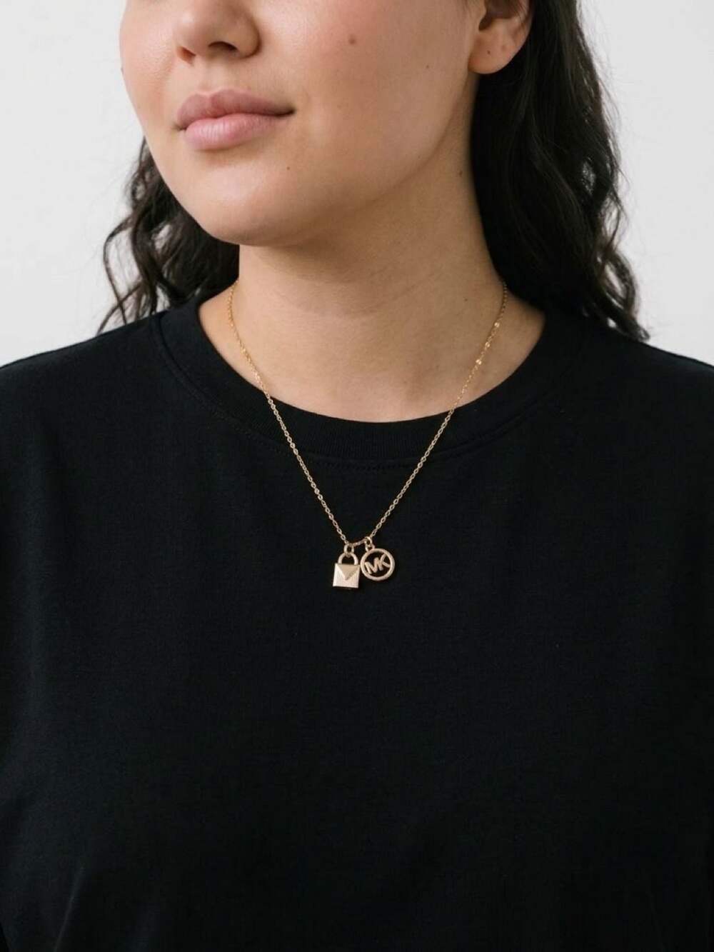 Michael Kors Gold-Tone Logo and Padlock Charm Necklace 21 inch chain